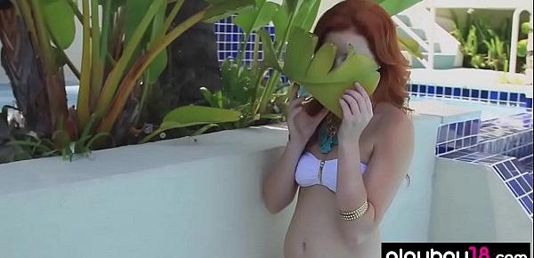  Pale skinned redhead babe Molly Shaw stripping outdoor